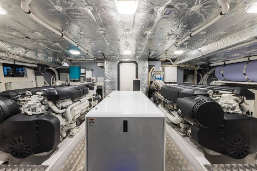 Engine room of 2025 Pardo Yachts Endurance 60, featuring dual engines and modern equipment.