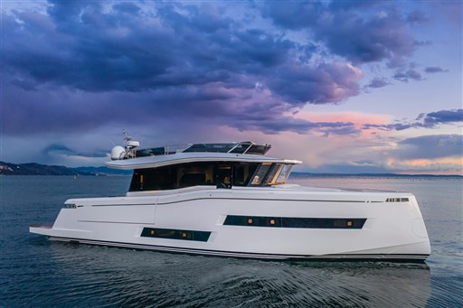 2025 Pardo Yachts Endurance 60 cruising at sunset with dramatic sky.