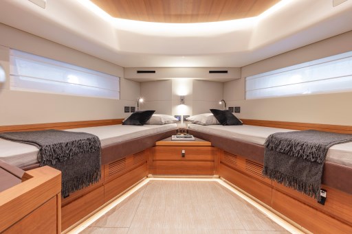 Luxurious cabin interior of 2025 Pardo Yachts Endurance 60 with twin beds and modern design.
