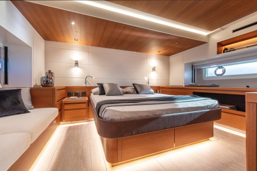 Luxurious interior of 2025 Pardo Yachts Endurance 60 with modern bedroom design.