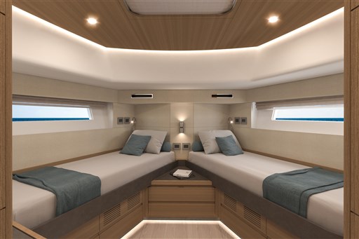 Luxurious twin cabin interior of 2025 Pardo Yachts Endurance 60, featuring modern design and ambient lighting.