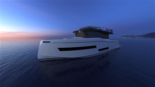 2025 Pardo Yachts Endurance 60 cruising at sunset on calm waters.