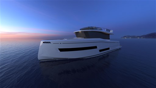 2025 Pardo Yachts Endurance 60 cruising at sunset on calm waters.