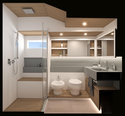 Luxurious bathroom interior of 2025 Pardo Yachts Endurance 60, featuring modern fixtures and elegant design.