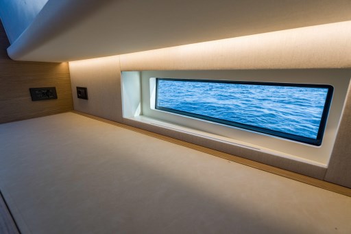 Interior view of 2026 Pardo Yachts 43, featuring a sleek window with ocean view.