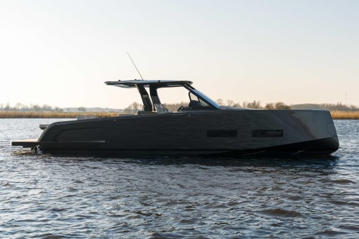 2026 Pardo Yachts 43 cruising on calm waters at sunset.