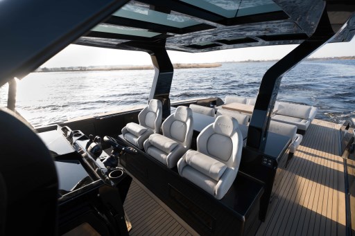 Luxurious 2026 Pardo Yachts 43 interior with sleek seating and modern design on open water.