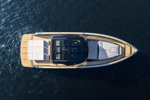 Overhead view of 2026 Pardo Yachts 43 on water, showcasing sleek design and spacious deck.