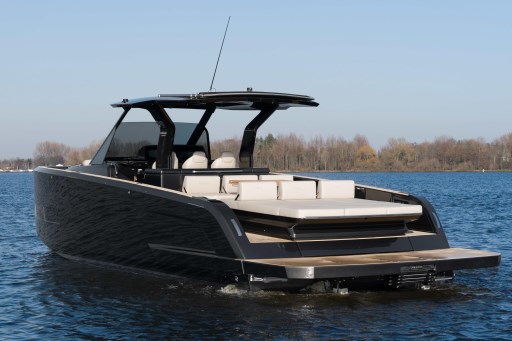 2026 Pardo Yachts 43 luxury yacht cruising on a serene lake.