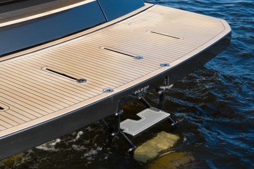 Sleek 2026 Pardo Yachts 43 swim platform on water, showcasing modern design.