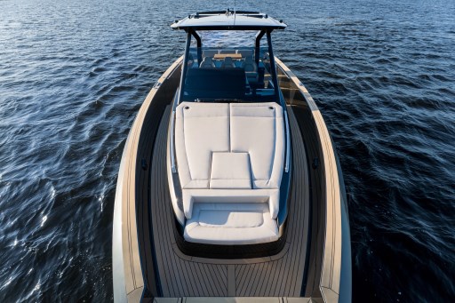 Luxurious 2026 Pardo Yachts 43 cruising on open water, showcasing sleek design and spacious deck.
