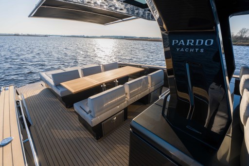 Luxurious 2026 Pardo Yachts 43 with elegant deck seating and scenic water view.