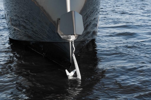 Front view of 2026 Pardo Yachts 43 with anchor in water.