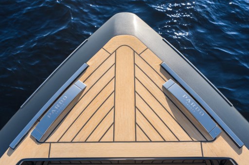 Bow of 2026 Pardo Yachts 43 with sleek teak deck design on water.