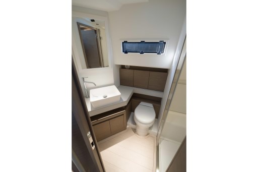 Modern bathroom interior of 2026 Pardo Yachts 43, featuring sleek design and fixtures.