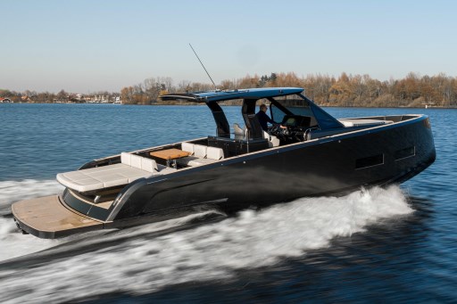 2026 Pardo Yachts 43 cruising on a serene lake under clear skies.