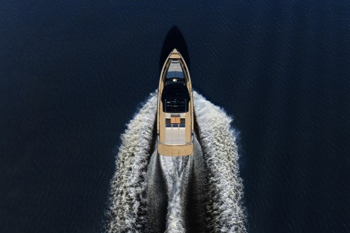 Aerial view of 2026 Pardo Yachts 43 cruising on open water.