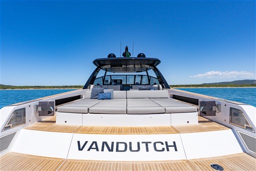 Luxury VanDutch 75 yacht, 2025 model, featuring spacious deck and modern design on open water.