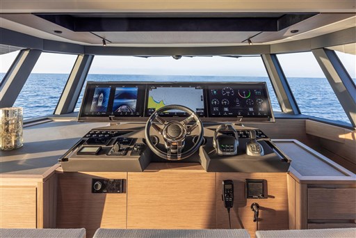 Helm of 2025 Pardo Yachts GT75 with advanced navigation displays and controls.