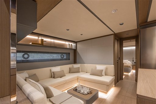 Luxurious interior of 2025 Pardo Yachts GT75, featuring elegant seating and modern design.