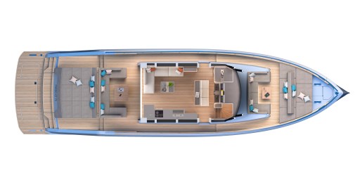 2025 Pardo Yachts GT75 top view layout, showcasing spacious deck and luxurious interior design.