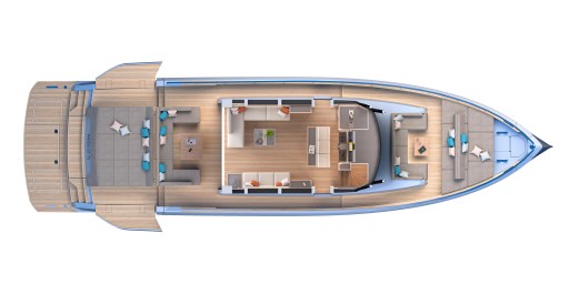 2025 Pardo Yachts GT75 top view layout showcasing luxurious interior and deck design.