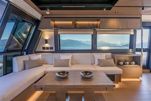 Luxurious interior of 2025 Pardo Yachts GT75 with elegant seating and scenic views.
