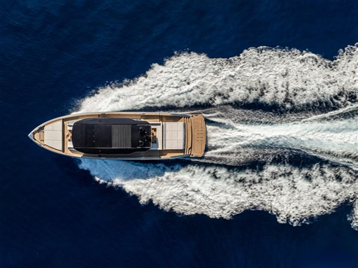 Aerial view of 2025 Pardo Yachts GT75 cruising on open water.
