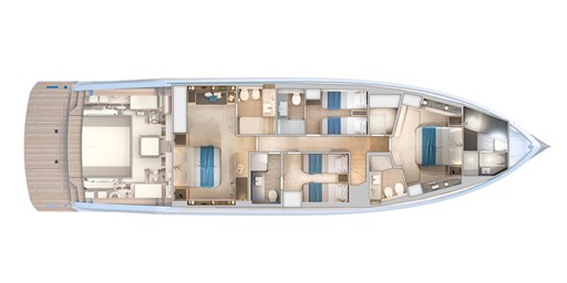 2025 Pardo Yachts GT75 interior layout with multiple cabins and luxurious amenities.