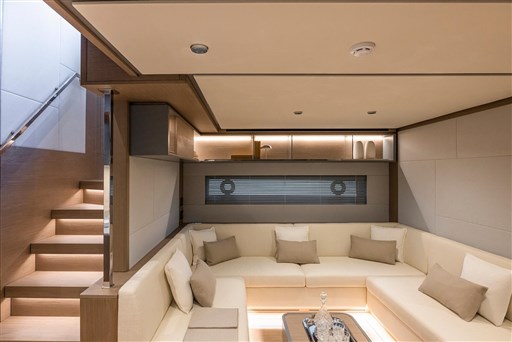 Luxurious interior of 2025 Pardo Yachts GT75 with elegant seating and modern design.