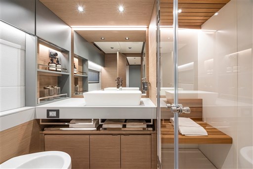 Luxurious bathroom interior of 2025 Pardo Yachts GT75, featuring modern design and elegant fixtures.