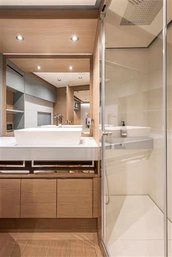 Luxurious bathroom interior of 2025 Pardo Yachts GT75, featuring modern fixtures and elegant design.