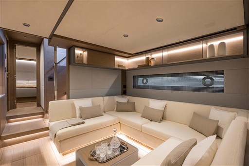 Luxurious interior of 2025 Pardo Yachts GT75 with elegant seating and modern design.