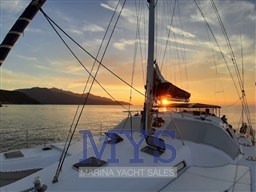 Privilege 465 bow and sunset