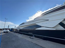Luxury yacht Riva 115 Athena 2008 docked under a clear blue sky.