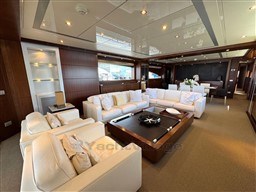Luxurious interior of 2008 Riva 115 Athena yacht with elegant white seating and modern decor.