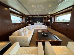 Luxurious interior of 2008 Riva 115 Athena yacht with elegant seating and wood paneling.