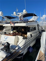 Sanlorenzo 62 yacht, 1996 model, docked at marina under clear blue sky.