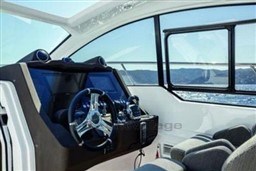 2025 Azimut Atlantis 45 yacht cockpit with modern steering and navigation systems.
