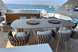 Luxurious outdoor dining area on 2024 Sanlorenzo SL120 A yacht, overlooking serene ocean views.