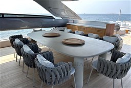 Luxurious 2024 Sanlorenzo SL120 A yacht deck with elegant dining area and ocean view.