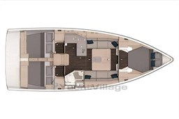 2024 Dufour 37 yacht interior layout with cabins, kitchen, and seating area.