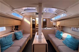 Interior of 2024 Dufour 37 yacht with modern design and cozy seating.