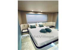 Luxurious bedroom interior of 2022 Azimut AZIMUT 68 FLY yacht with modern design.