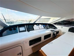 Cockpit of 2005 Mangusta 72 Open yacht with modern navigation controls.