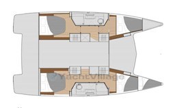 2024 Fountaine Pajot Isla 40 catamaran floor plan, featuring cabins and bathrooms.