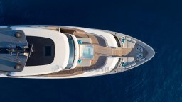 Aerial view of 2022 Sanlorenzo SD96 yacht with luxurious deck and seating.