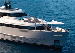 Luxury Sanlorenzo SD96 yacht, 2022 model, cruising on clear blue waters.