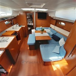 Interior of 2008 Beneteau Oceanis 43 yacht with cozy seating and modern amenities.