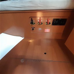 Control panel inside a 2008 Beneteau Oceanis 43 sailboat cabin.